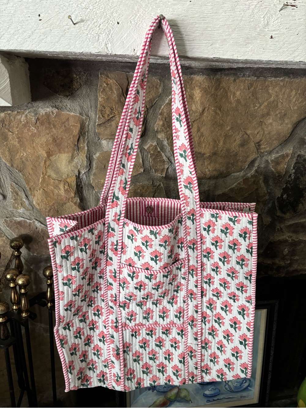 Pink Floral Quilted Tote Bag with Striped Trim
